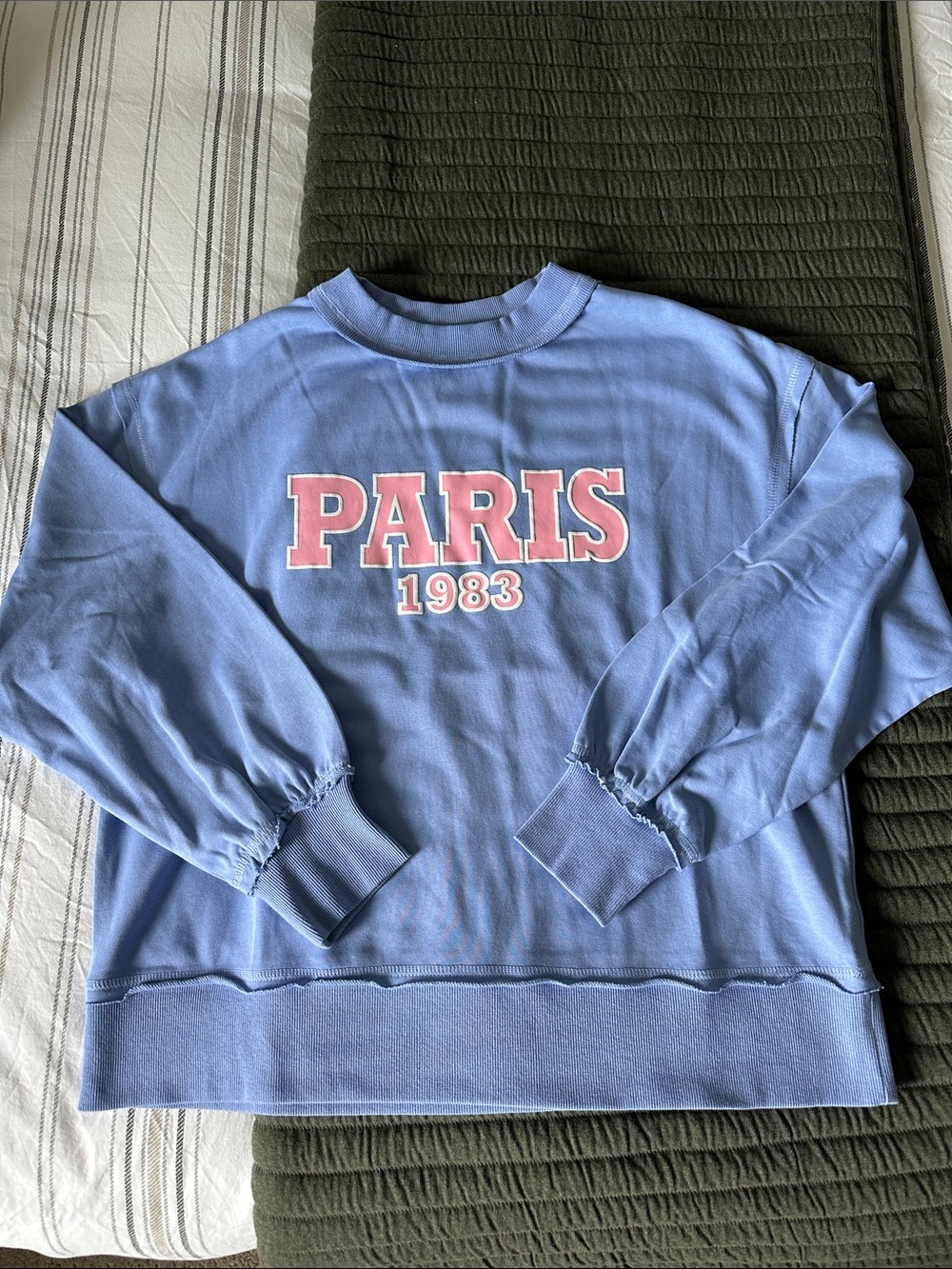 white birch Blue Crewneck Sweatshirt with Pink 'PARIS 1983' Print